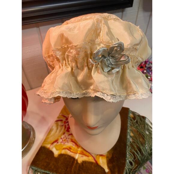 antique cream silk boudoir cap 1920s bed hat victorian bonnet edwardian - Picture 2 of 3